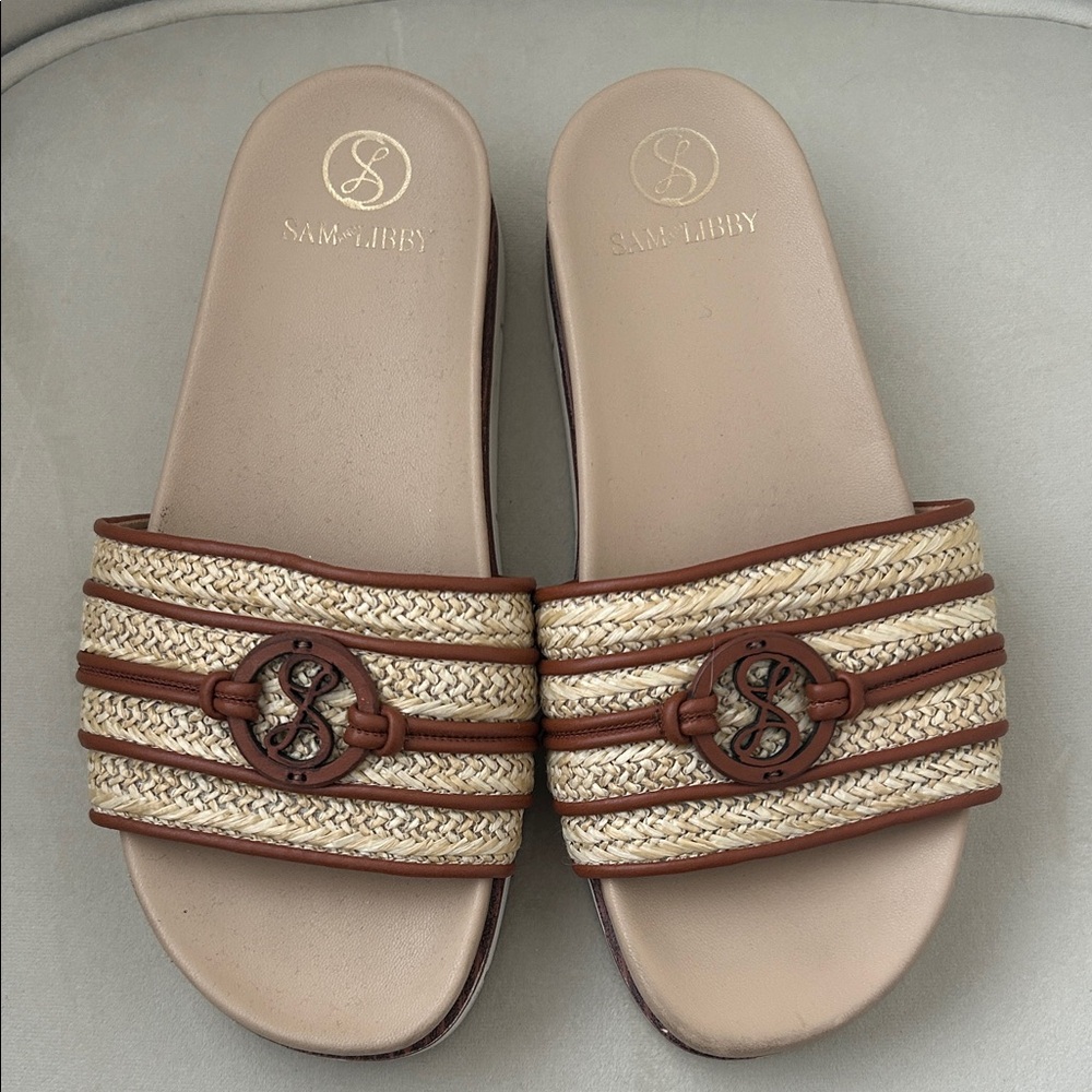 Sam & Libby Beige and Brown Woven Slide Sandals